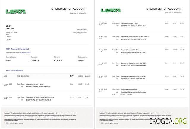 Relevé de compte Lemfi au Royaume Uni Modèle Word et PDF, 2 pages